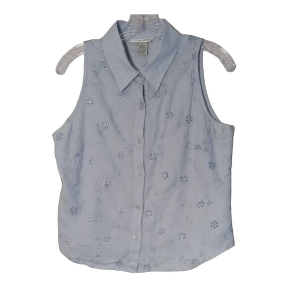 Jillian Jones Tops - Jillian Jones 100% Linen Sleeveless Top Womens Large Blue Embroidered Eyelet